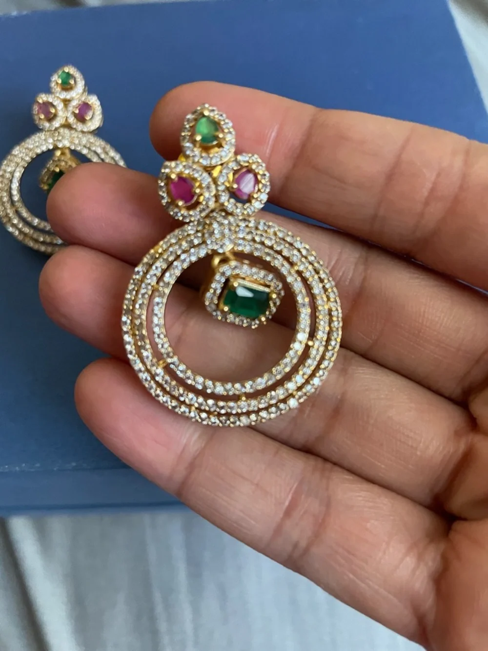 Gold-Tone Multi-Gem Drop Earrings with Green and Pink Stones